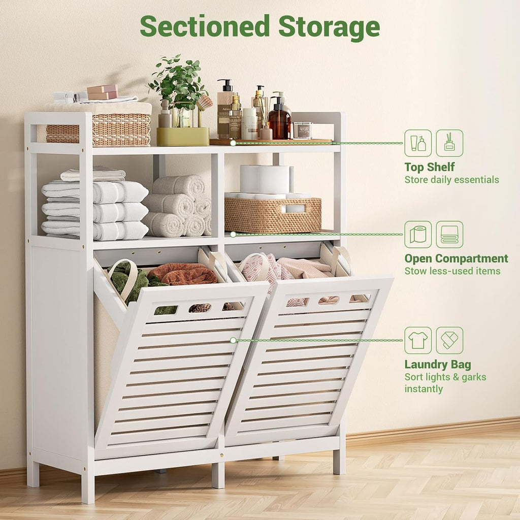 Tilt Out Laundry Hamper Cabinet, Bamboo Double Laundry Hamper with 2 Removable Laundry Baskets, 20 Gal Laundry Sorter