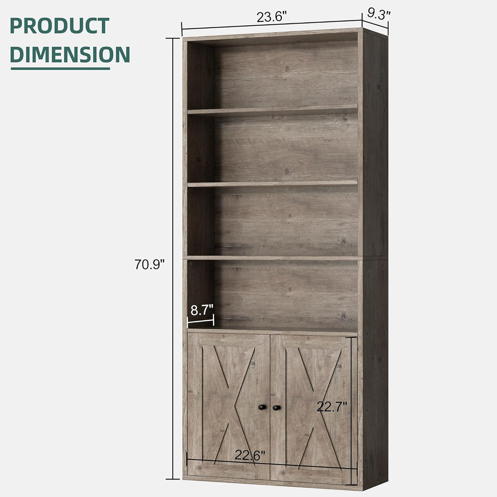 Bookshelf, Industrial Bookshelves and Bookcases with Doors Floor Standing 6 Shelf Display Storage Shelves 70.6 inches