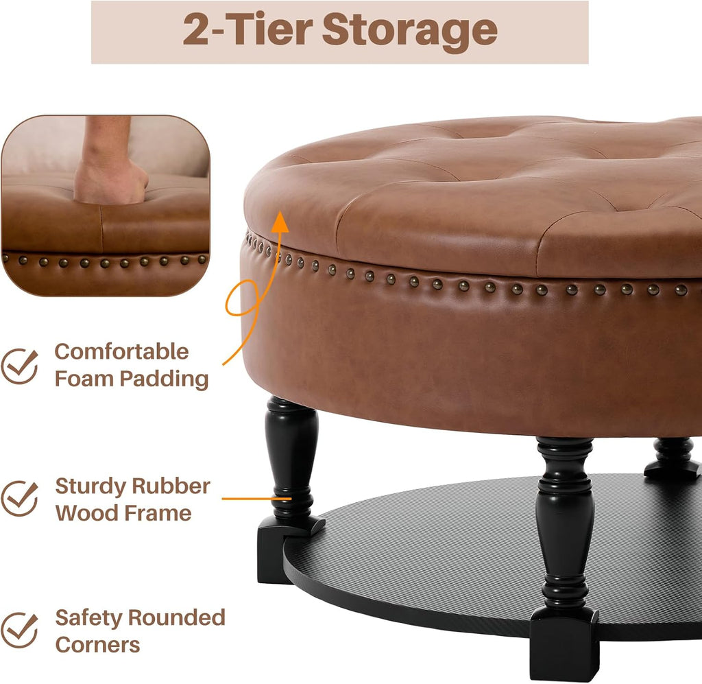 31.5 Inch Round Storage Ottoman Coffee Table with Shelf, PU Brown | Round faux leather storage ottoman coffee table