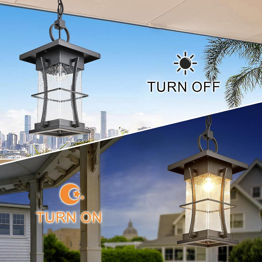 Outdoor Pendant Light, 14" H Large Hanging Lantern with Seeded Glass