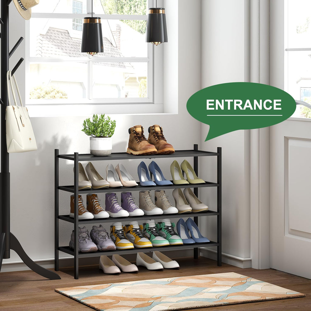 Black Shoe Rack, 4-Tier Bamboo Wood Shoe Rack, Stackable Bamboo Wood Shoe Shelf for Closet, Entryway & Hallway