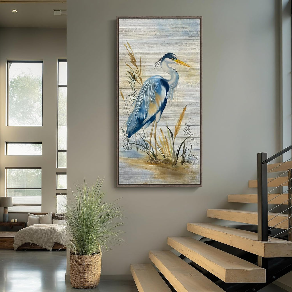 Framed Vertical Blue Heron Living Room Wall Art, Large Vintage Bird Picture Artwork for Walls, Coastal Heron