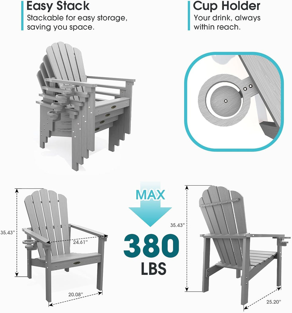 Stackable Adirondack Chair Set of 4, Fire Pit Chairs Set of 4 | All-weather HDPE, with Cup Holder, Plastic Outdoor