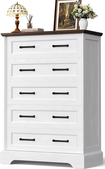 Tall Dresser ,Farmhouse 5 Drawers Dresser, Chest of Drawer Chest, Multi-Tier Clothing Storage Cabinet, White and Brown