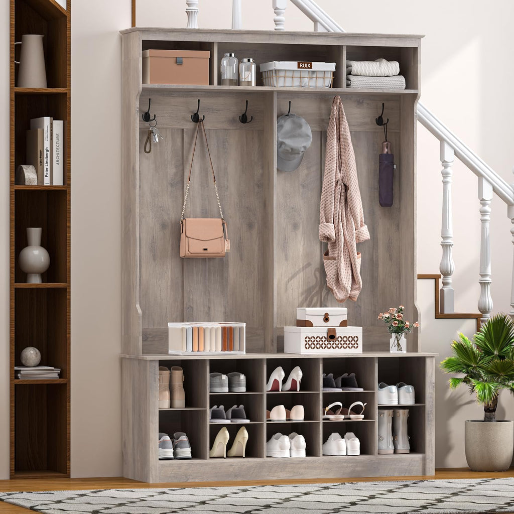 Hall Tree with Bench and Shoe Storage, 53" Farmhouse 4-in-1 Mudroom Storage Organizer with Coat Rack, 6 Hooks, 12