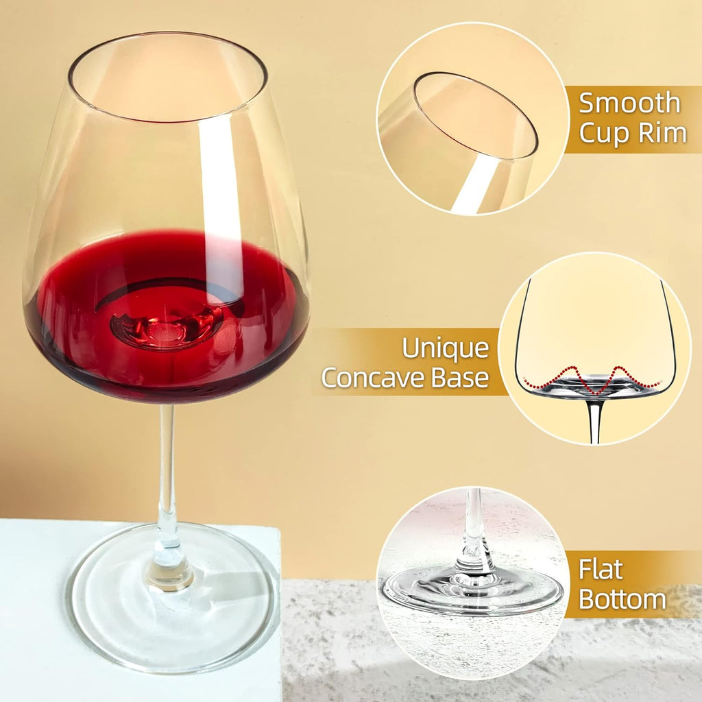 Red Wine Glasses Set of 6, 19.5 oz Durable Wine Glasses, Large Long Stem Wine Glasses with Unique Concave Bowl Base