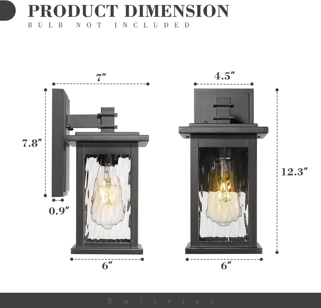 2-Pack Farmhouse Outdoor Wall Lights, 12 Inch Exterior Lights Fixture for House, Black Finish with Water Ripple Glass