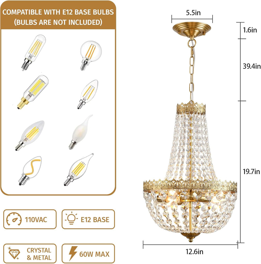 Mini French Empire Crystal Chandelier 4 Lights Pendant Lighting Fixture for Dining Living Room Foyer Kitchen Bedroom Entryway,Antique Brass,E12,19.7" Hx12.6 W