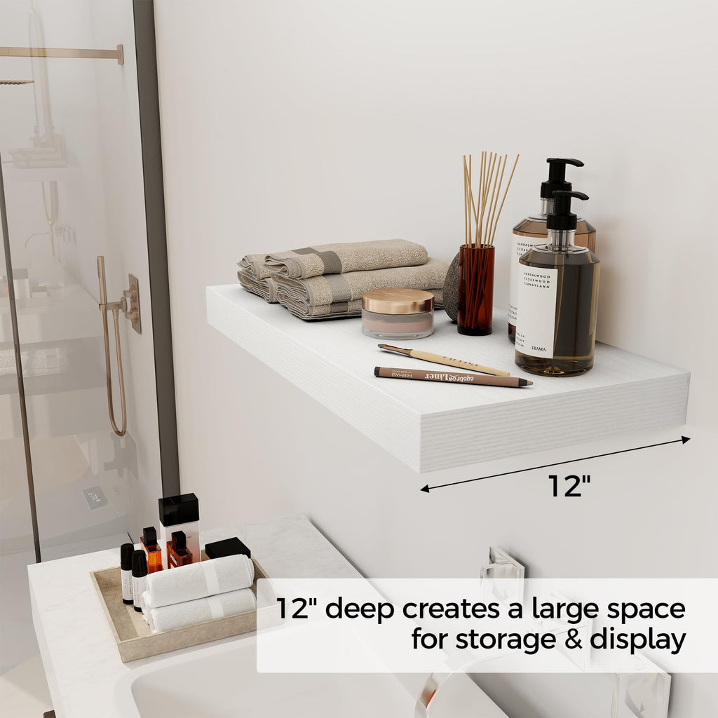 12 Inch Deep White Floating Shelves, 24 x 12 Floating Shelf for Books, Rustic Wood Deep Wall Shelves Storage &
