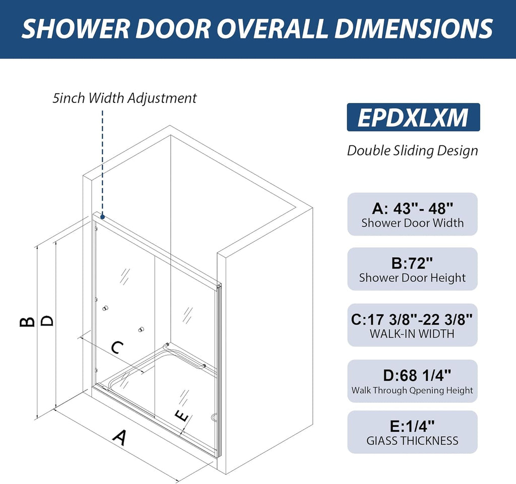 Double Sliding Shower Door 43"-48" W x 72" H with Nano Anti-Explosion Safety Film