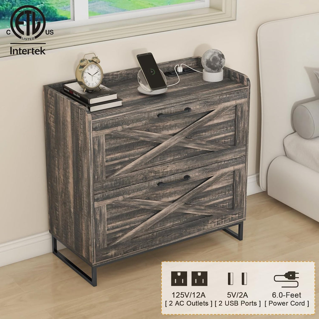 2 Drawer Lateral File Cabinet with Charging Station, Dark Oak | Filing Cabinet for Letter/Legal/A4 Size Hanging