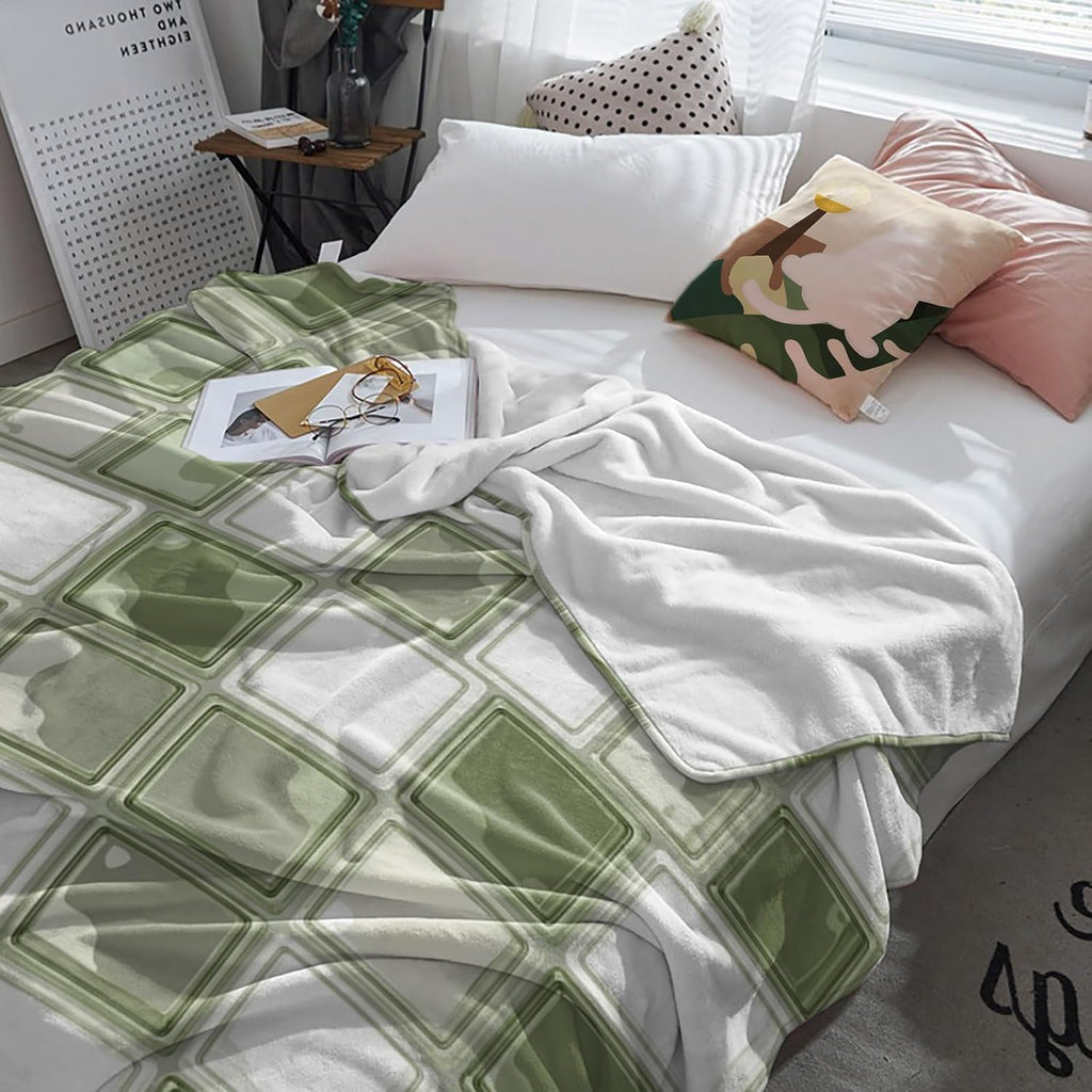 Coastal Aesthetic Throw Blanket Boho Sage Green Squares Mosaic Flannel Cozy Soft Warm Fleece Blankets, 50 x 60 inch