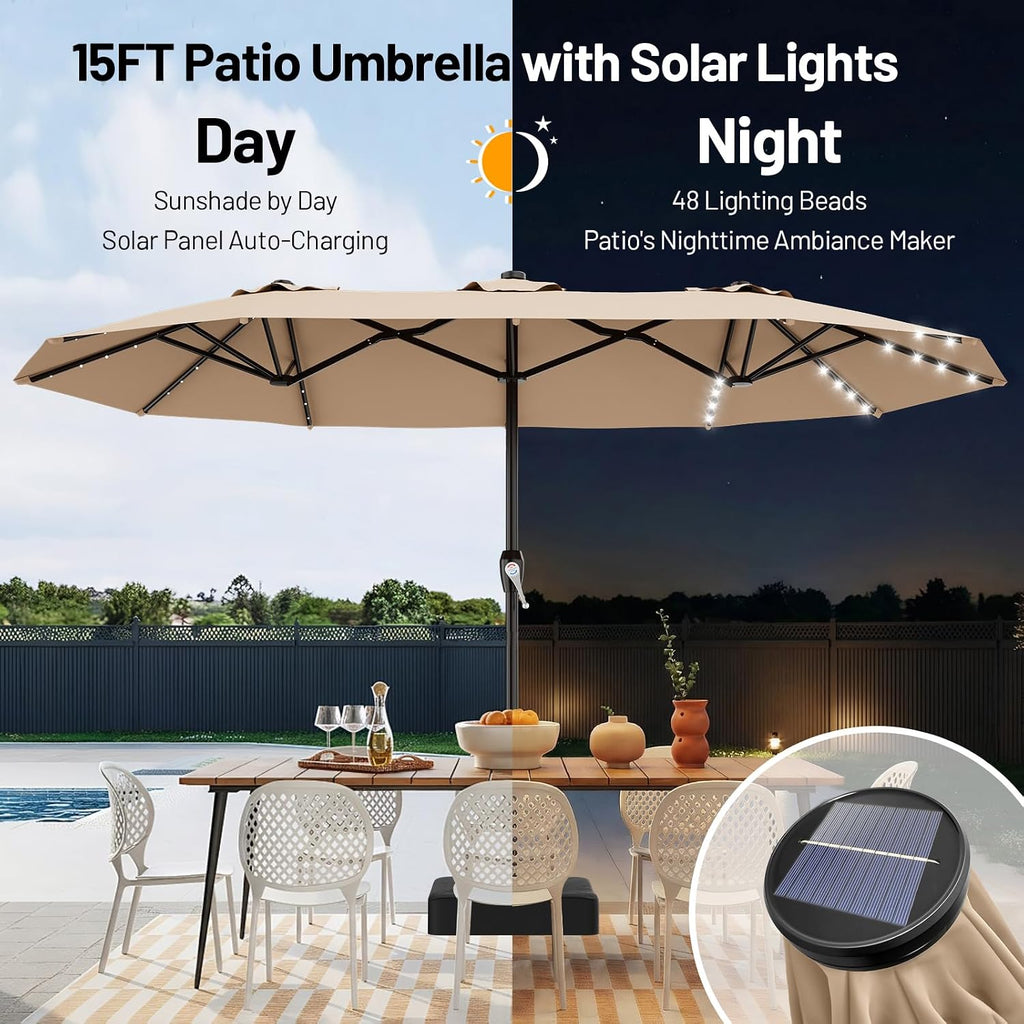 15FT Patio Umbrella with Solar Lights, Double Sided Outdoor Table Umbrellas with Crank