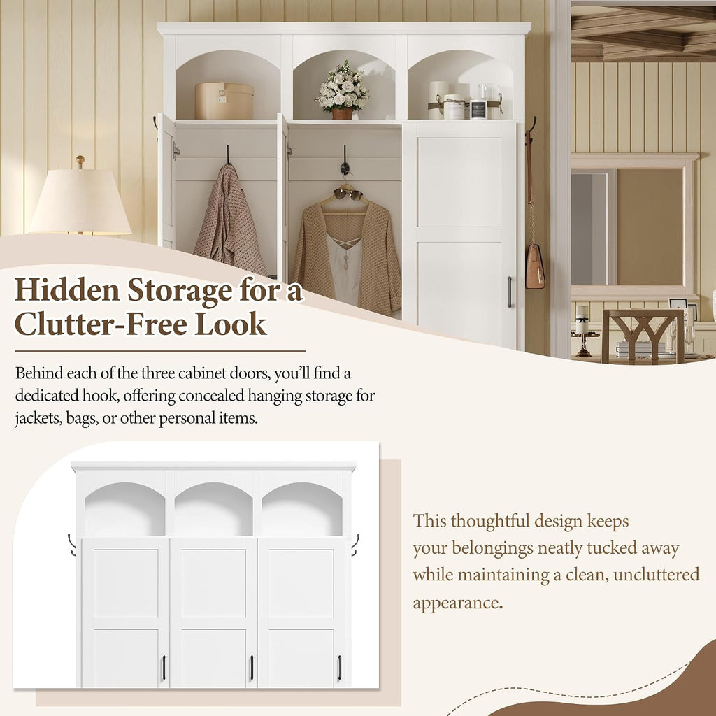 Classic Arched Hall Tree with 3 Hidden Storage, Farmhouse Mudroom Bench with 5 Hooks, Mid-Century Entryway Organizer