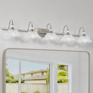 Brushed Nickel 5-Light Bathroom Vanity Light with Floral Clear Glass Shades, Brushed Nickel Wall Mount Lighting
