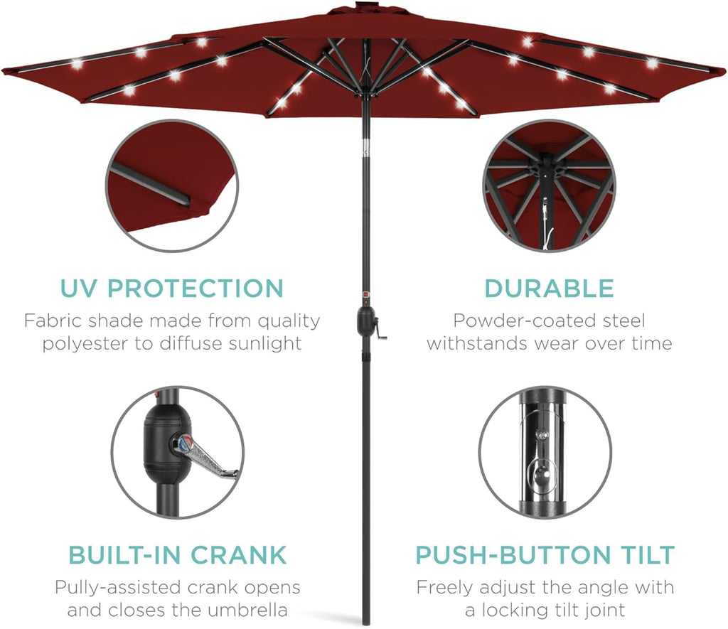 10ft Solar Polyester LED Lighted Patio Umbrella w/Tilt Adjustment and UV-Resistant Fabric - Red