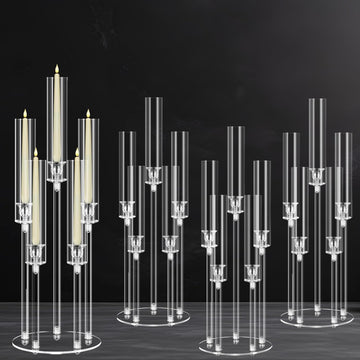 4 Sets 5 Arms Acrylic Candelabra Centerpieces for Tables,Clear Candle Holder,Ceremony Dinner Party, 27" Tall