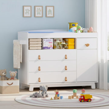 Baby Dresser with Changing Table Top, Baby Changing Table Dresser with 4 Drawers and Adjustable Shelves