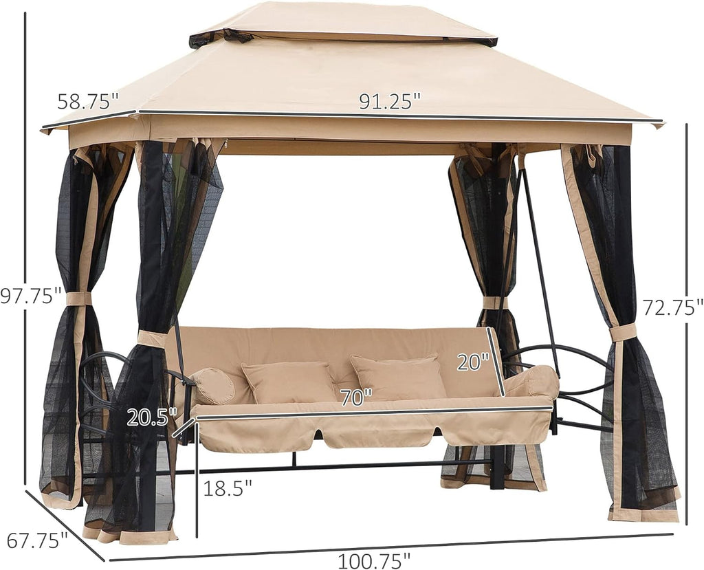 3-Seat Patio Swing Chair, Outdoor Gazebo Swing with Double Tier Canopy, Mesh Sidewalls, Cushioned Seat and Pillows