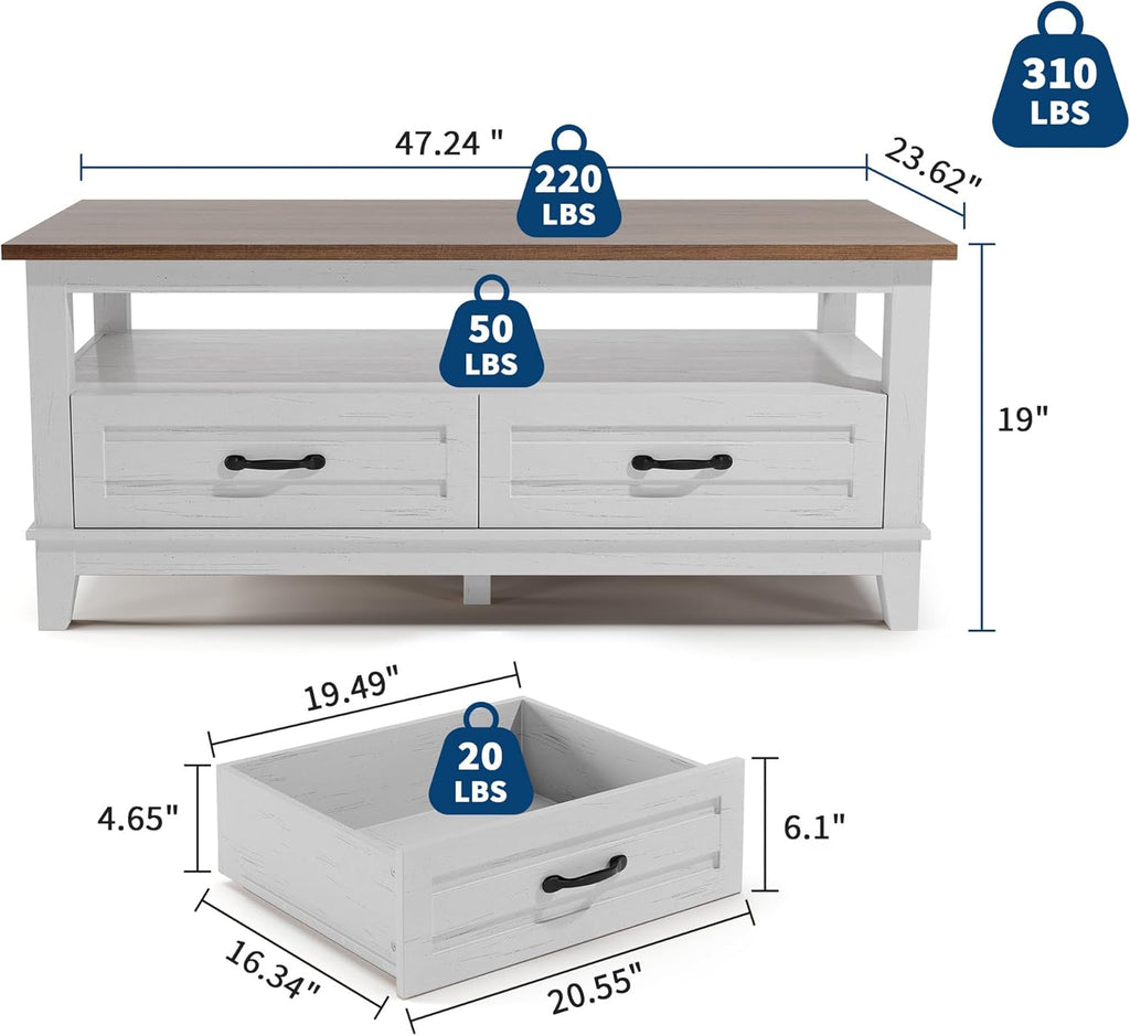 Farmhouse Coffee Table with Drawers, 47.2 in Center Table Rustic Coffee Tables White Brown Living Room Table