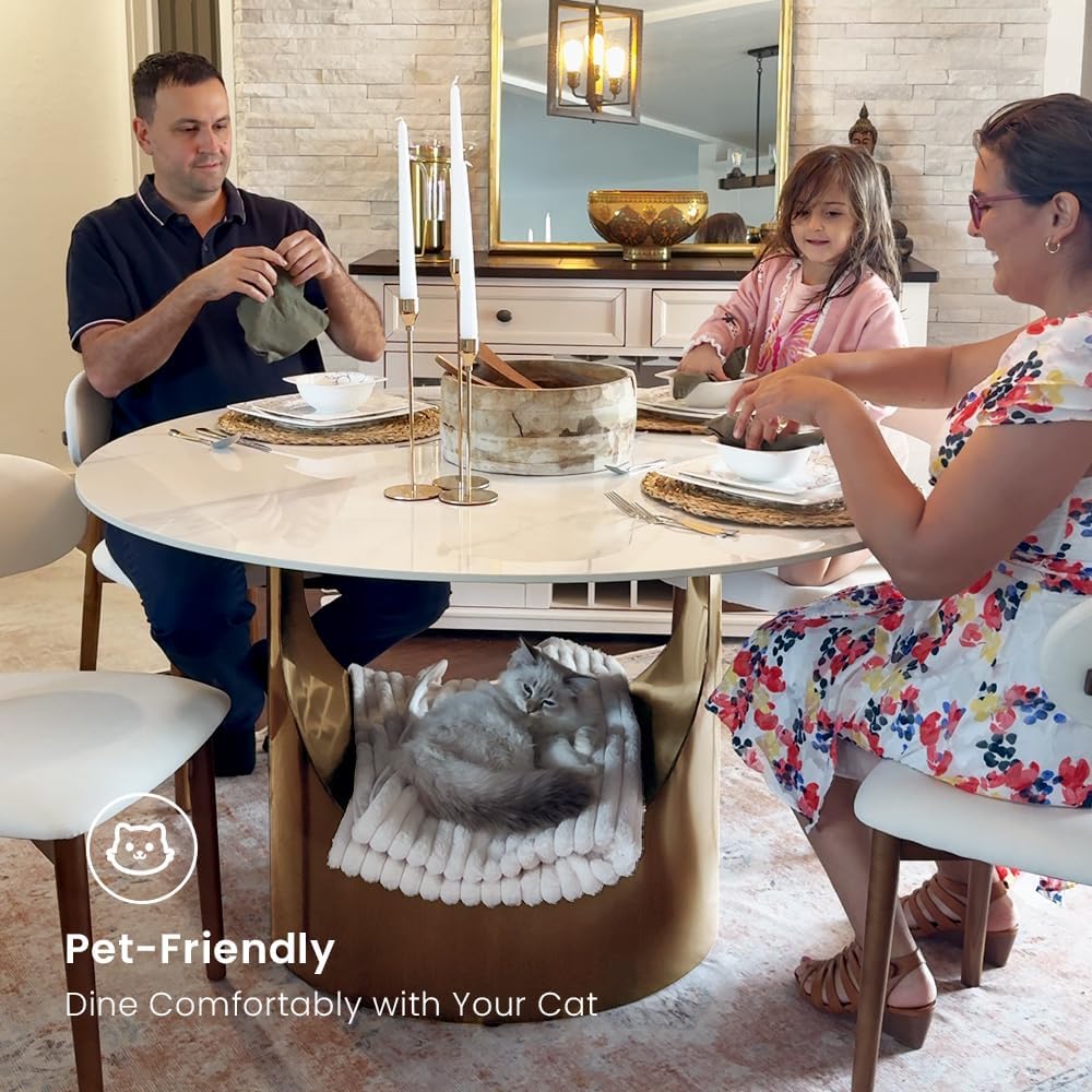 59" Round Dining Table for 6, Glossy White Sintered Stone Dining Tabletop with Bronze Carbon Steel Pedestal, Modern