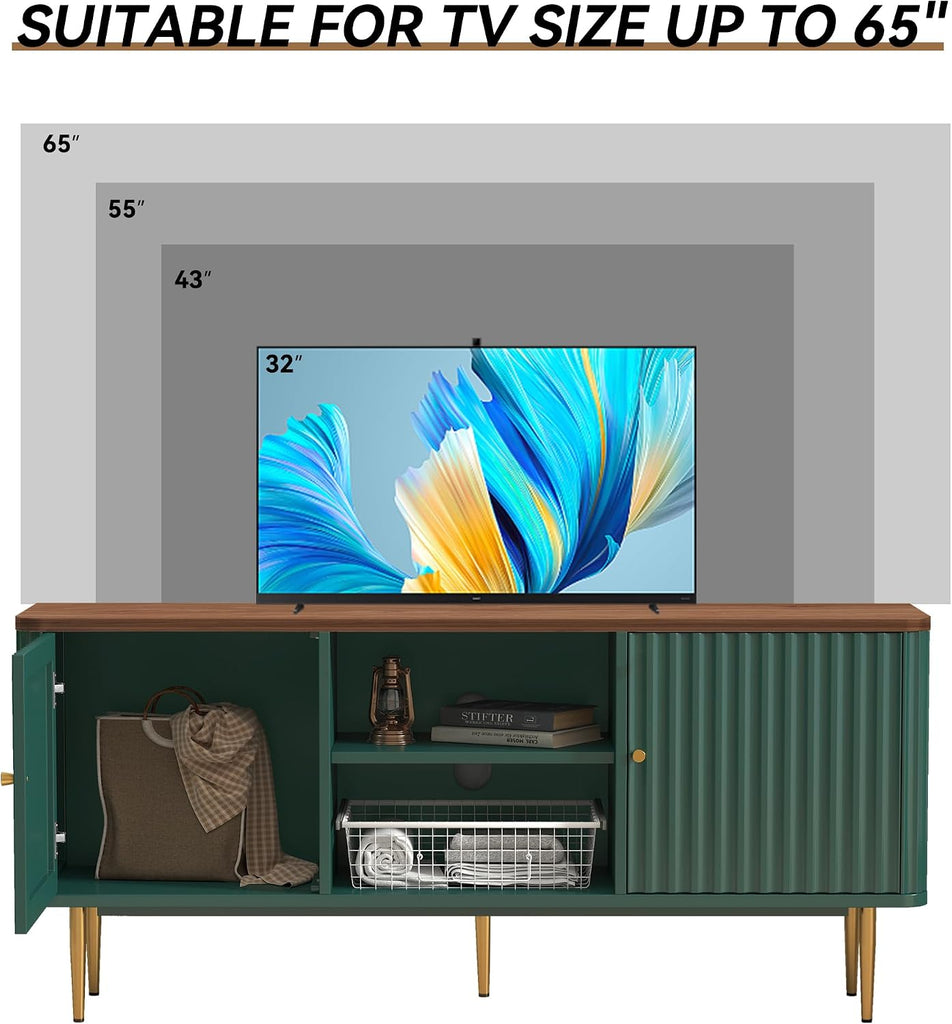 55" Fluted TV Stand, Mid Century Modern Green TV Stand for 55/60/65 inch TV, Entertainment Center with Storage