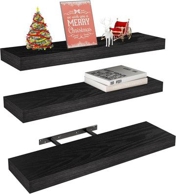 Black Rustic Floating Wall Shelves 24in Set of 3 Hidden | 3 Black Floating Shelves 24in , Rustic Wood Invisible