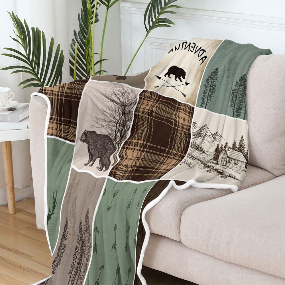 Rustic Cabin Bear Deer Weighted Thick Throw Blanket for Couch, Green Hunting Camper Woodland Farmhouse Lodge Plaid