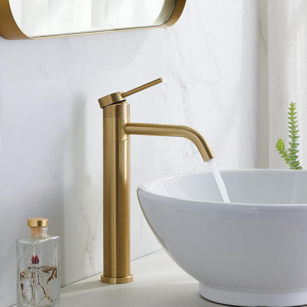 Gold Vessel Sink Faucet, 360 Swivel Brushed Gold Vessel Faucet, Single Handle Tall Body Farmhouse Vessel Faucet