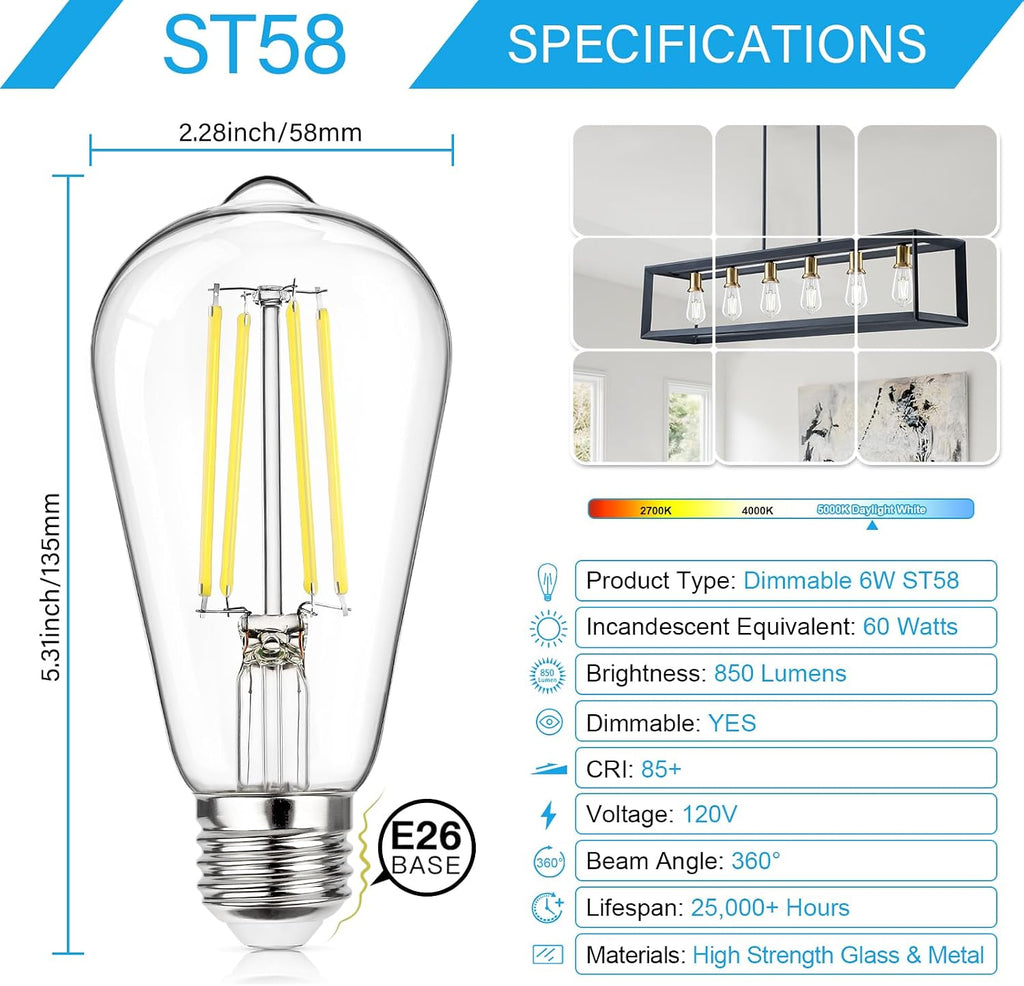 12-Pack Dimmable Vintage LED Edison Bulb 60W Equivalent, 6W 850Lumens Edison Light Bulbs 5000K, ST58 Antique LED