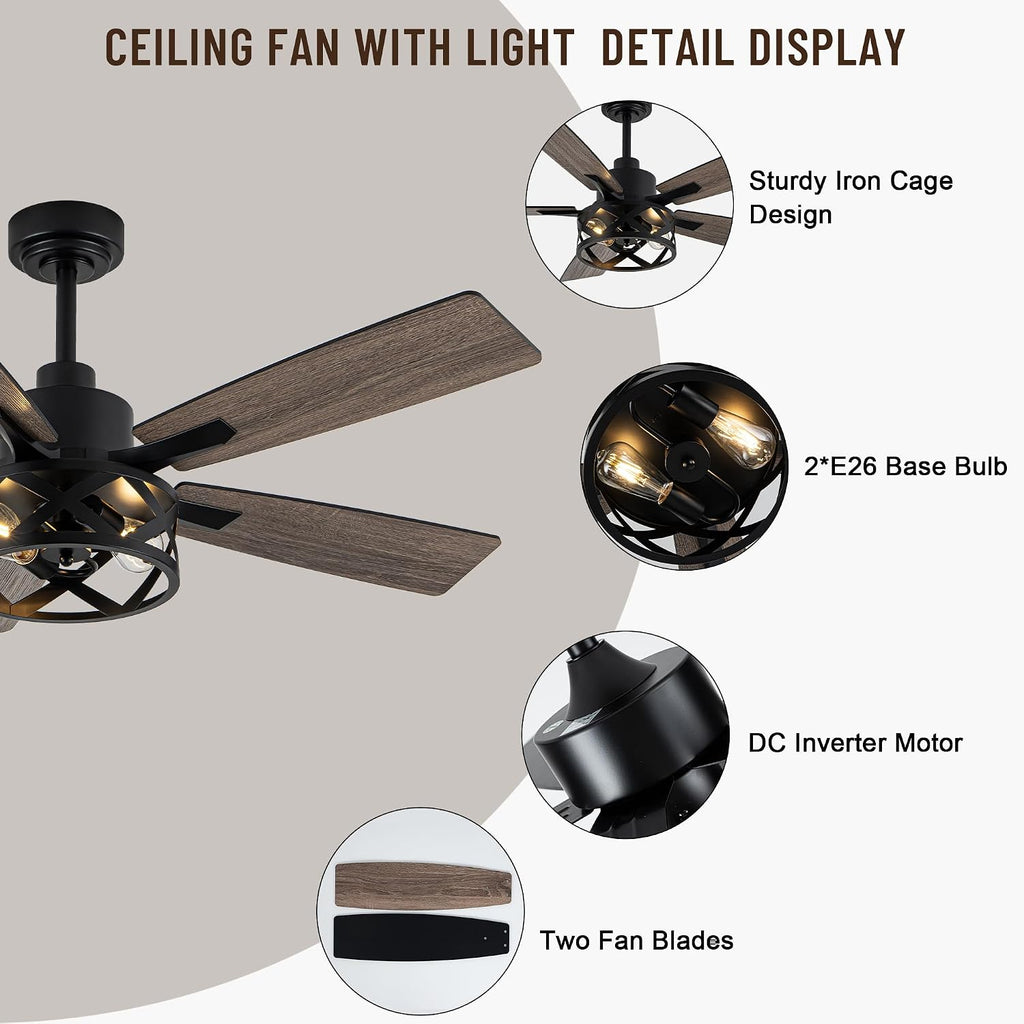 52" Farmhouse Ceiling Fan with Lights and Remote,Ceiling Fan with Caged Rustic Light Fixture,Reversible DC Motor