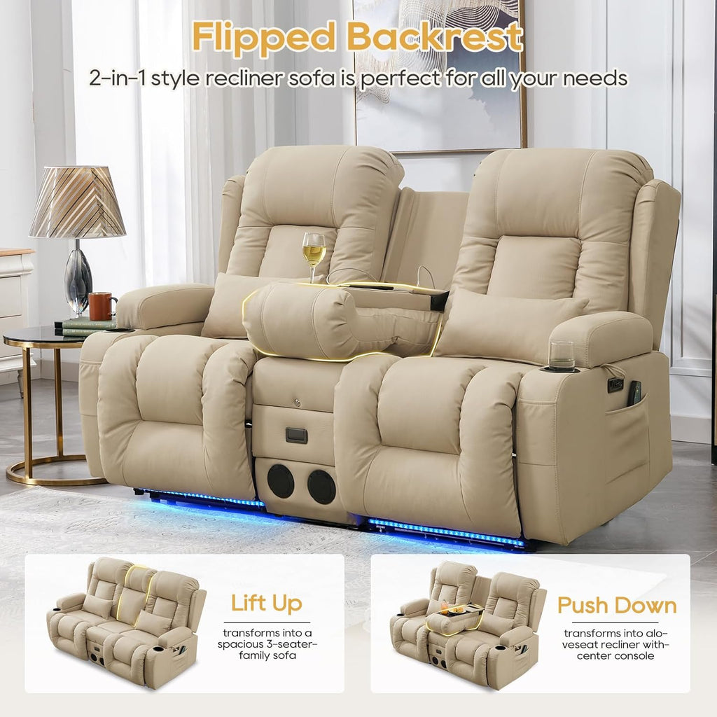 Power Loveseat Recliner Sofa with Flip-Up Backrest Console, Bluetooth Speakers, Drawer, AC Outlet, LED Light