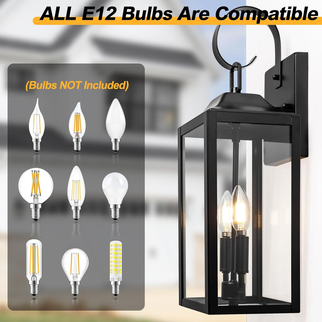 19" Black Outdoor Wall Lantern 2-Light, Large Outside Modern Porch Sconce Light Fixture