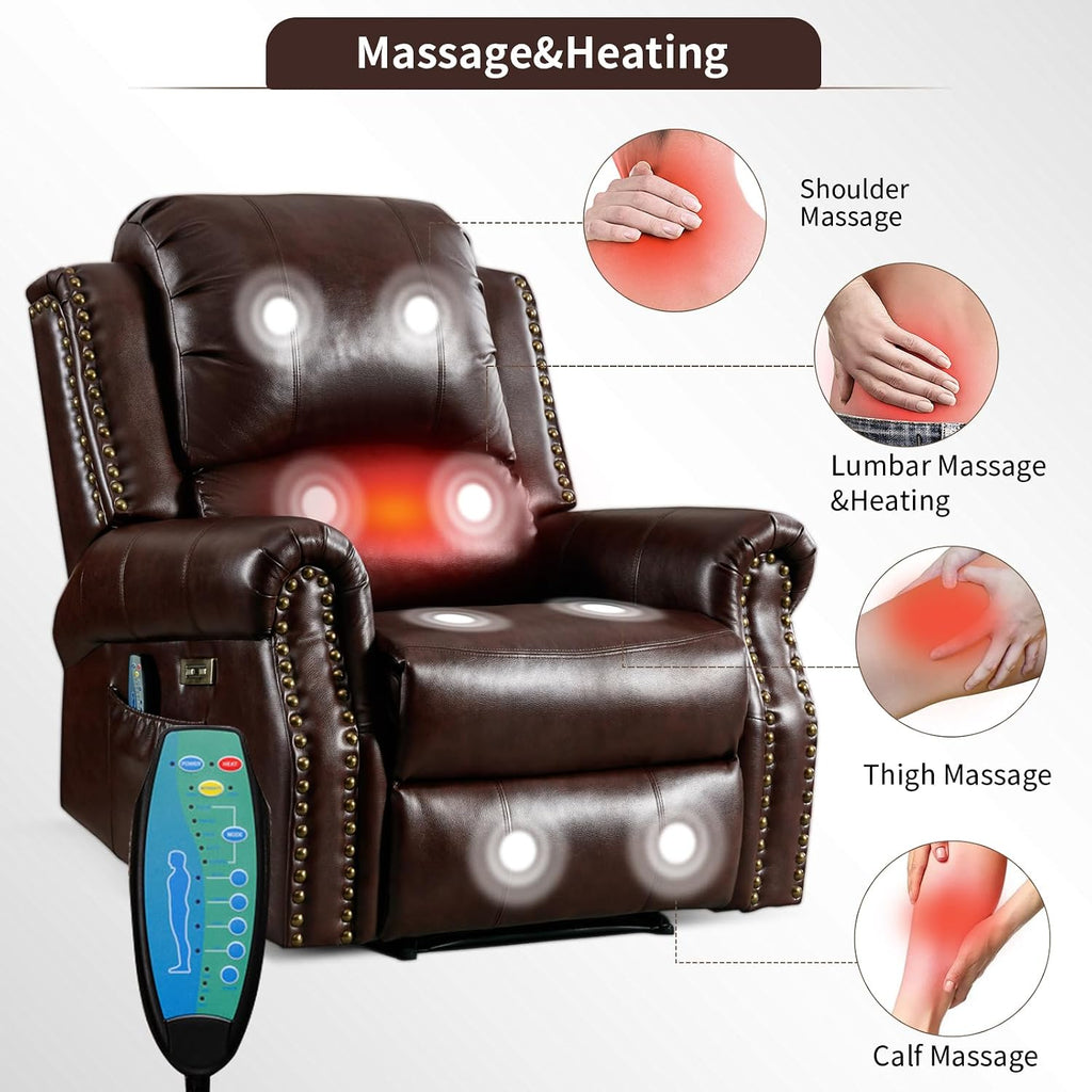 Classic Power Recliner Chair with Massage and Heat, Breathable Faux Leather Electric Recliner with USB&Type-C Ports