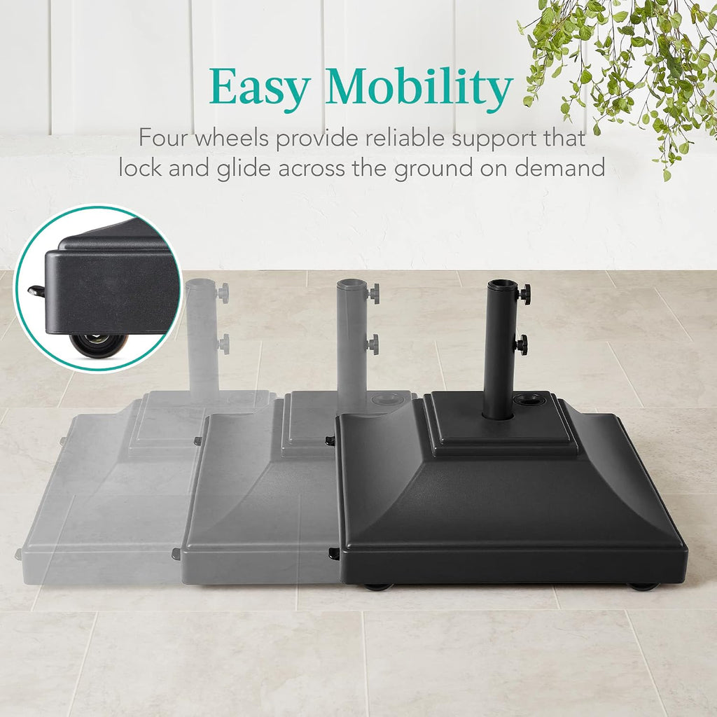 Fillable Mobile Umbrella Base, Heavy Duty Base, Square Tiered Market Stand w/ 4 Wheels, 2 Locks, 2 Knobs