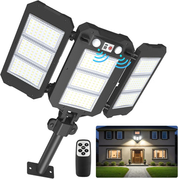 Solar Flood Lights Outdoor, 7000 LM Super Bright Aluminum Arm Waterproof | 6000 mAh Remote Control Dusk to Dawn LED