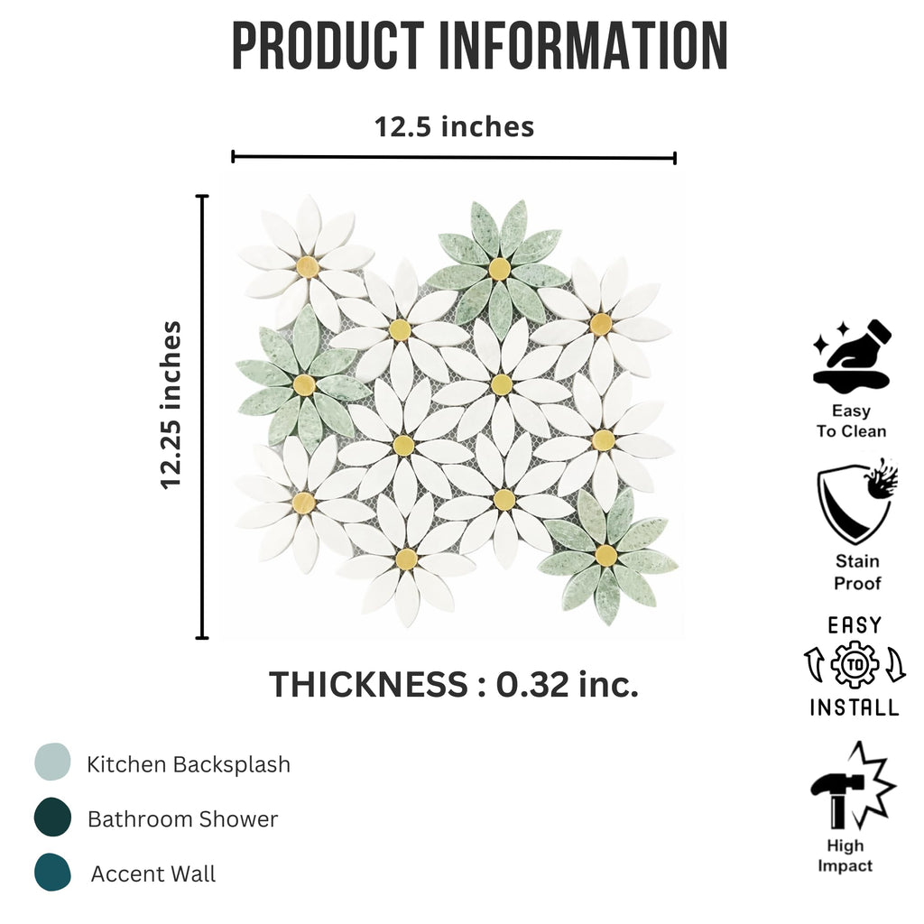 Thassos White & Ming Green Daisy Marble Mosaic - 5 Sheets