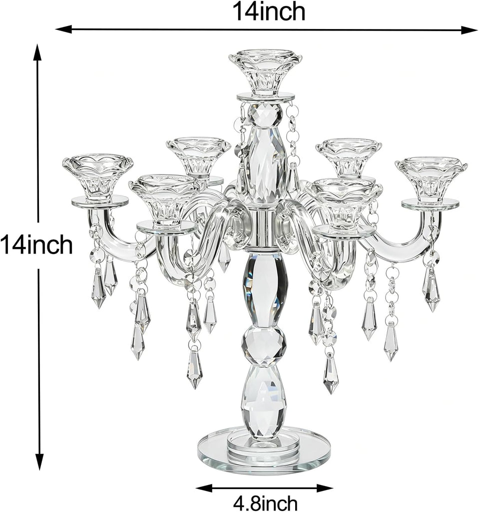 14inch Clear Crystal Candle Holder, Elegant 7-Arms Candlestick Holders Crystal Candelabra Decorative Pillar Candle