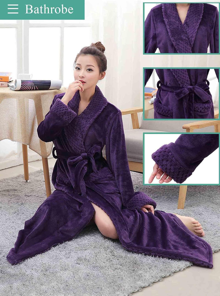 Womens Long Fleece Robe: Plush Flannel Warm Bathrobes | Winter Soft Shawl Collar Bath Robe with Adjustable Waist Belt