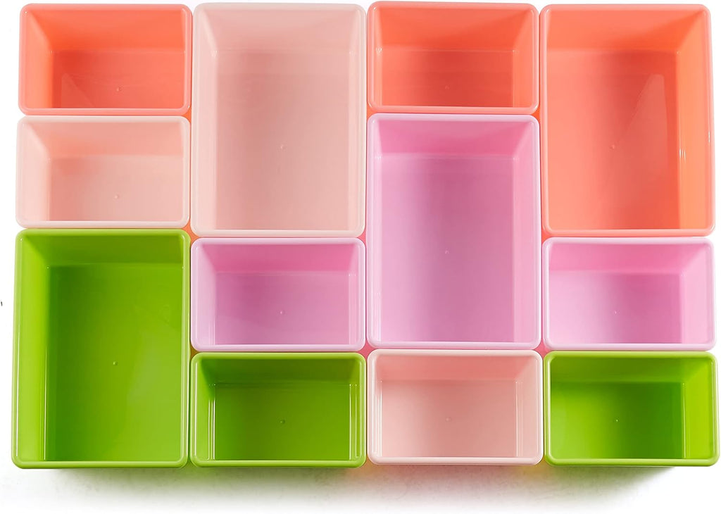 Kids Toy Storage Organizer with 12 Plastic Bins, White Wood with Pink Bins, 33.85"D x 12.79"W x 35.42"H