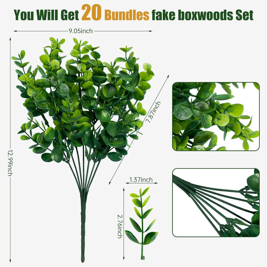 Artificial Greenery Plants Outdoor UV Resistant Fake Plants Boxwood Shrubs Grass,20 Bundles Home Garden Office Patio