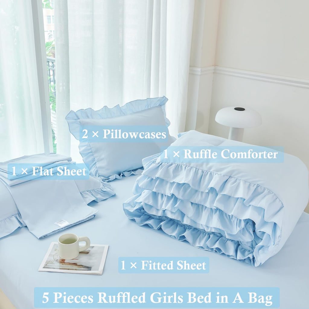 5 Pieces Light Blue Full Bed in A Bag for Kids Girls Ruffle Bedding Sets Boho Comforter Set Vintage Farmhouse Bedding - Set of 5