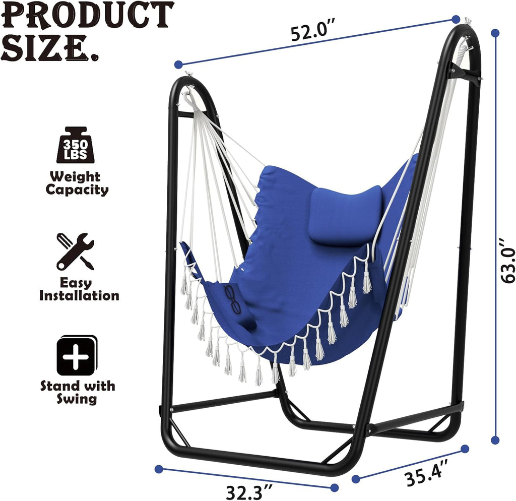 Hammock Chair with Stand, 350 lbs Swing Chair for Indoor Outdoor | U-Shape Anti-Tip Base, Steel Frame,Cotton Chair