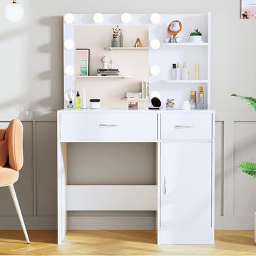 35.4" White Makeup Vanity Desk with 10 Hollywood Light Bulbs | Dimmable Lighting, Large Mirror, Storage Cabinet