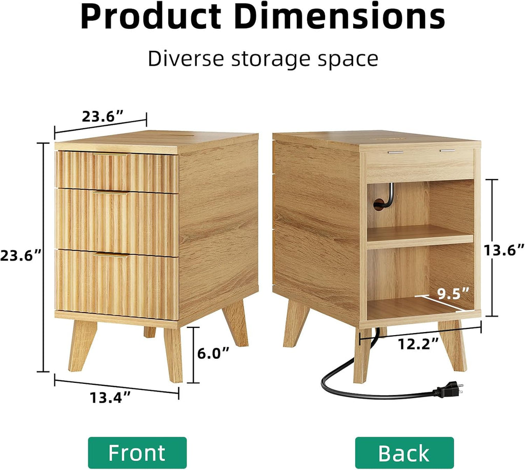 Narrow Nightstand with Hidden Outlets & USB Ports, Modern Fluted Bedside Table with 3 Drawers, Engineering Wooden End