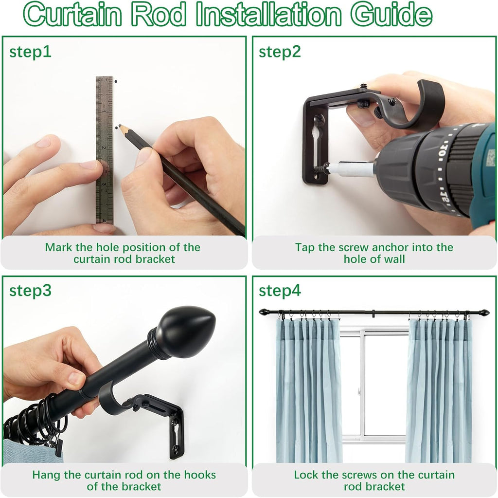 Curtain Rods for Windows 16 to 48 inches, Curtain Rod Max Adjustable Length to 60 in, Drapery Rod 1 inch Diameter