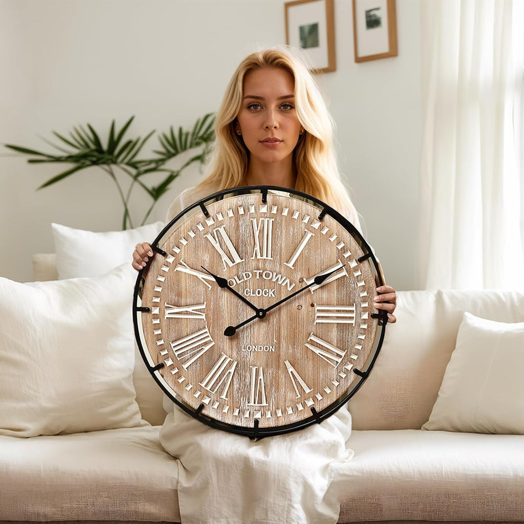 24 Inch Grand Farmhouse Wall Clock, Vintage-Inspired Wood & Metal Design with Large Etched Numbers