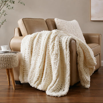 Chunky Knit Throw Blanket, Hand Made Chenille Throw Blanket, Super Soft Warm Cozy Cream White Blanket, 50"x60"