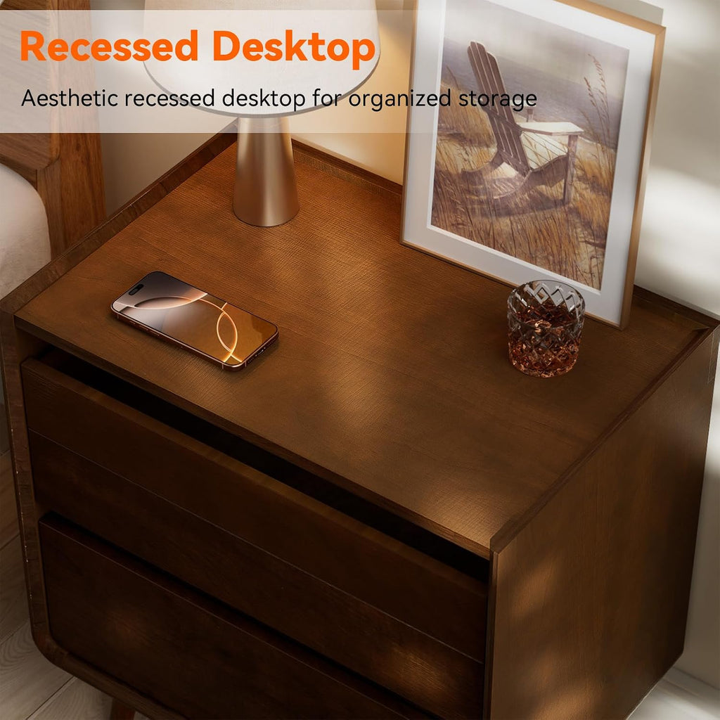 25.43" Walnut Finish Nightstand with Charging Station Mid Century Modern Night Stand with Leg Wood Bedside Table with