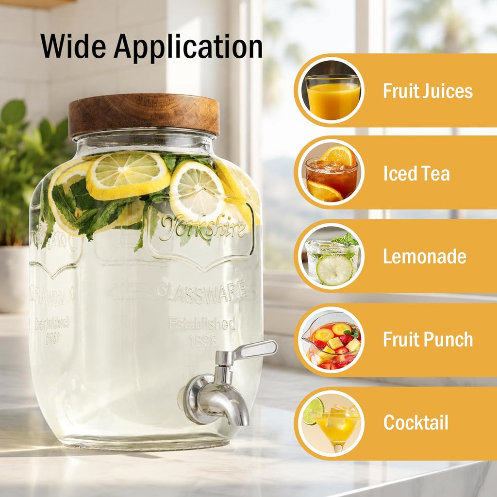 Glass Drink Dispenser for Parties, 1 Gallon Beverage Dispenser with Spigot Solid Stainless Steel, Used as Lemonade